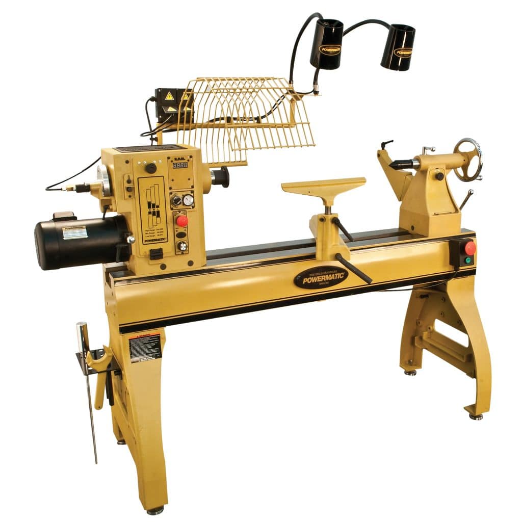 The Powermatic 4224B Lathe with Lamp Kit features a flex arm lamp